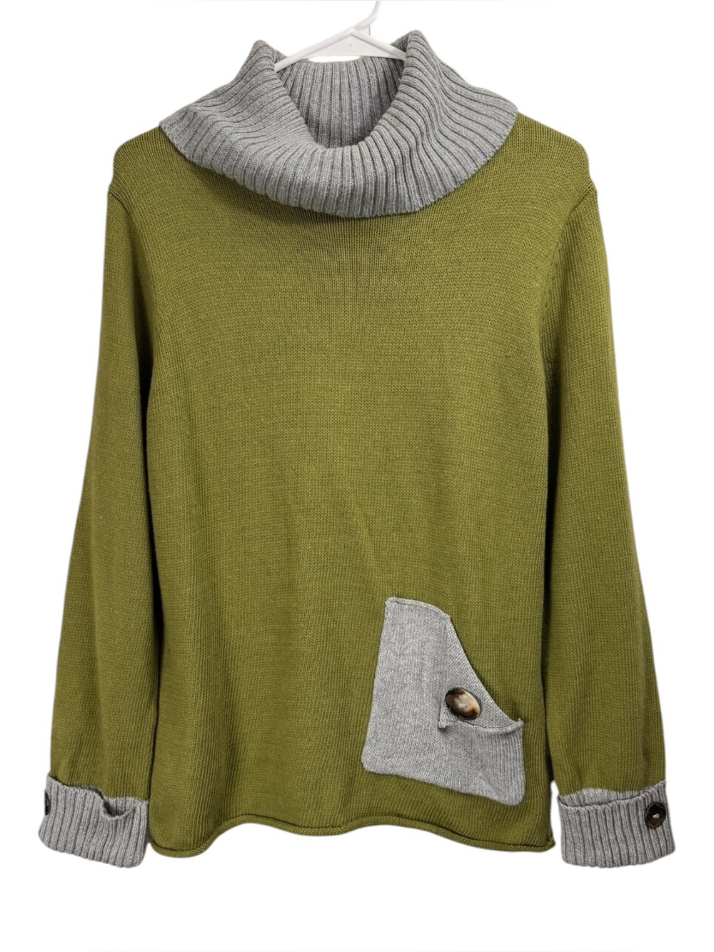 NWT Pure Knits Size Small Green Gray Artsy Cowl Neck Sweater Buttons Cotton